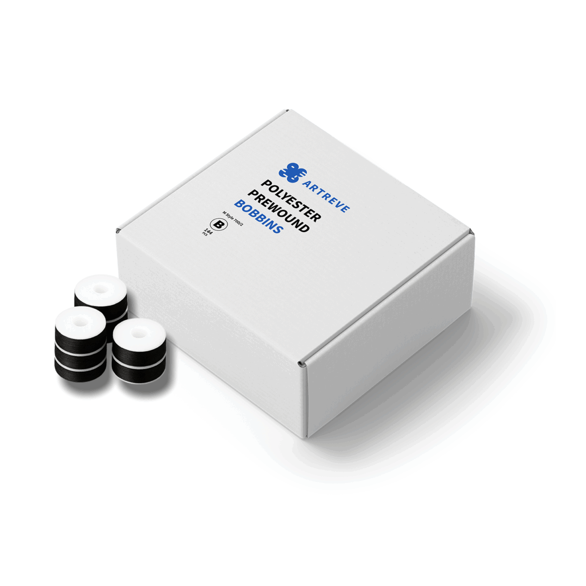 Style M Prewound Paper Sided With Plastic Core 70D/2(60WT) Embroidery Bobbins(144 Bobbins) 230 Yards – Black - Image 1